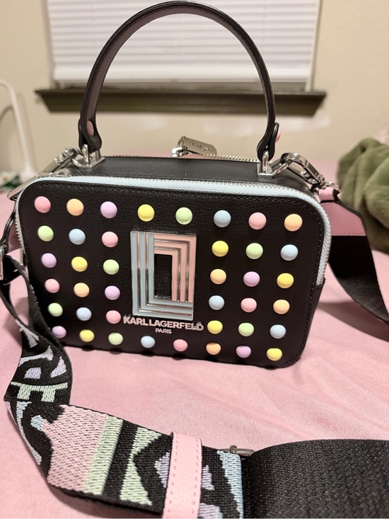 Karl Lagerfeld Handbags - Karl Lagerfeld Black Studded Crossbody Bag with Pastel Dots